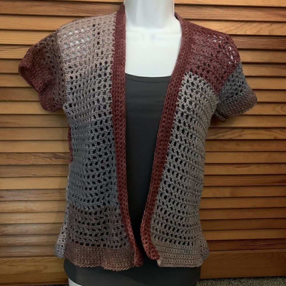 New! Hand Crochet Color Block Cropped Short Sleeve Cardigan Boho Hippie
